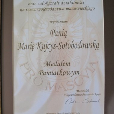 Dyplom PRO MASOVIA dla Marii Kujcys-Sołobodowskiej