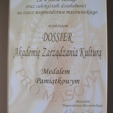 Dyplom PRO MASOVIA dla DOSSIER Akademii Zarządzania Kulturą